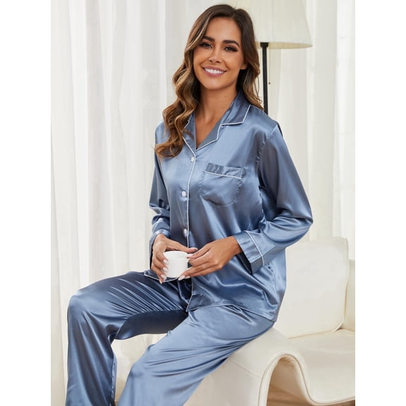Silk Satin Pajama Set for Women - Long Sleeve Soft Button Down Loungewear Nightwear Pjs Sleepwear, Valentine's Day Gift for Her, Two-Piece Pajamas Set,S-XL