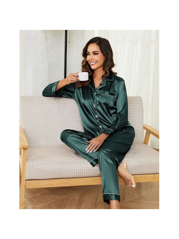 Women Silk Satin Pajamas Set Long Sleeve Button Down Pajama Set 2 Piece Satin Sleepwear Womens Silk Loungewear Set with Long Pajama Pant, Green,L