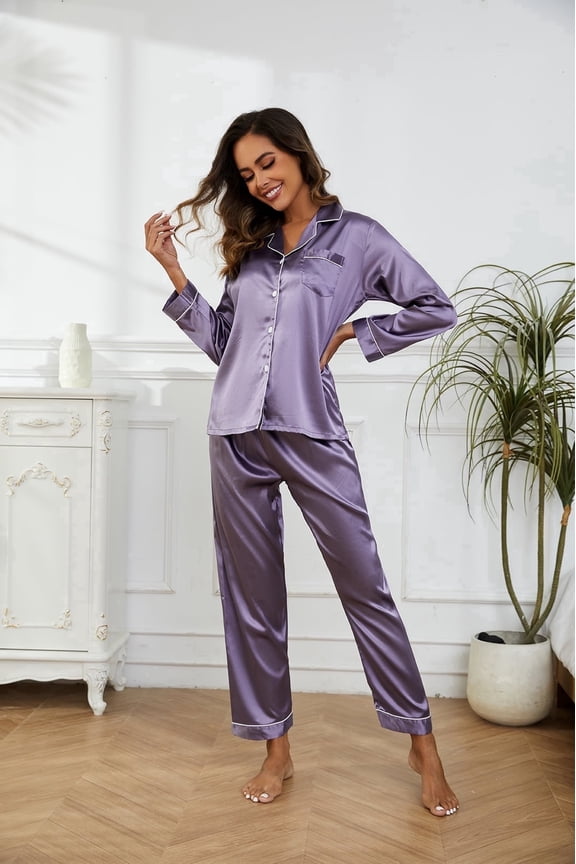 Women Silk Satin Pajamas Set Long Sleeve Button Down Pajama Set 2 Piece Satin Sleepwear Womens Silk Loungewear Set with Long Pajama Pant, Purple,S