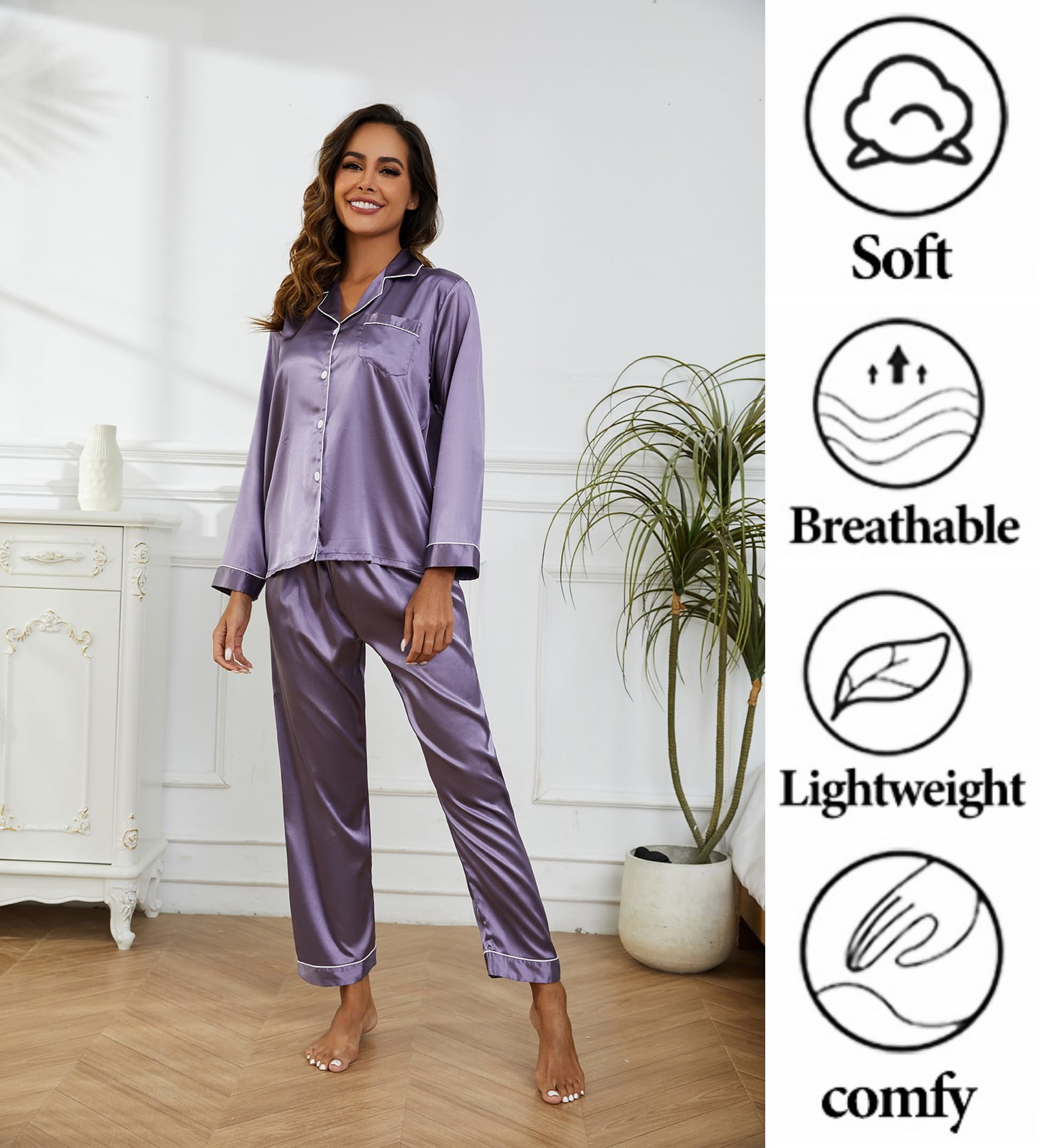 Women Silk Satin Pajamas Set Long Sleeve Button Down Pajama Set