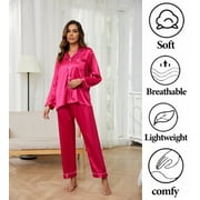 DEJI Women Silk Satin Pajamas Set Long Sleeve Button Down Pajama Set 2 Piece Satin Sleepwear Womens Silk Loungewear Set with Long Pajama Pant, S-XL