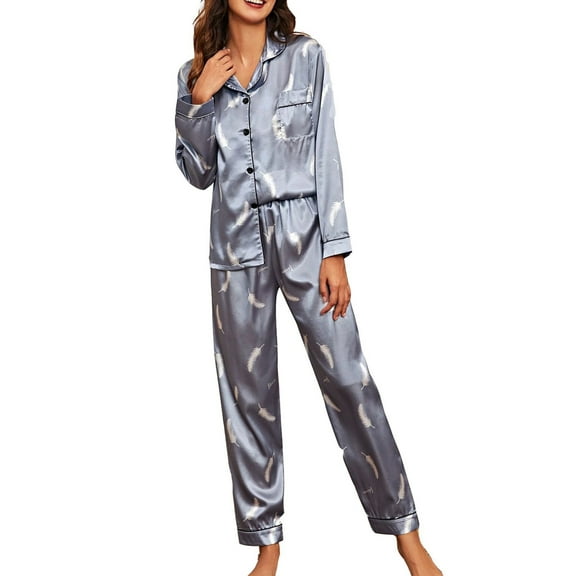 Women Silk Satin Pajamas Set Two-piece Long Sleeve Satin Pajamas for Women Sleepwear Button Down Tops Elastic Waist Pant Pjs Set