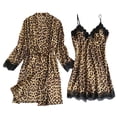 thumbnail image 1 of Women Silk Satin Pajamas Sets 2 Piece Leopard Lace Silky Kimono Robe and Chemise Nightgown Bathrobe, 1 of 4