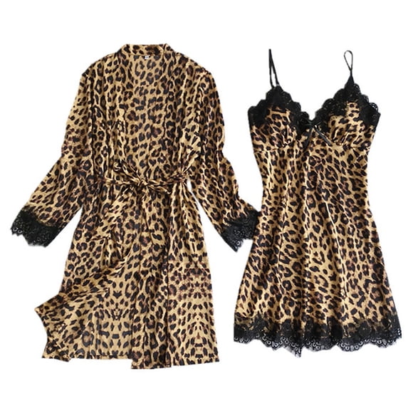 Women Silk Satin Pajamas Sets 2 Piece Leopard Lace Silky Kimono Robe and Chemise Nightgown Bathrobe