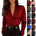 thumbnail image 1 of Women Silk Satin Shirts Long Sleeve Ruched V Neck Blouse Business Dressy Casual Loose Tops Outfits, 1 of 6
