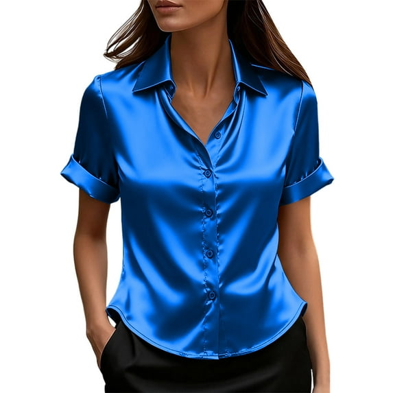 Women Silk Satin Shirts Short Sleeve Button Down Blouse Business Casual Loose Lapel Tops Outfits
