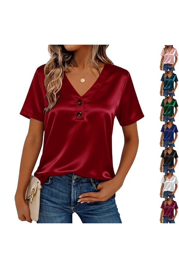 Women Silk Satin T Shirts V Neck Short Sleeve Tops Business Office Dress Blouses 2026 Soft Comfy Summer Tees with Button Black L