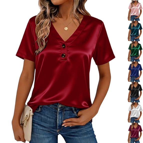 Hesxuno Women Silk Satin T Shirts V Neck Short Sleeve Tops Business Office Dress Blouses 2026 Soft Comfy Summer Tees with Button Red S