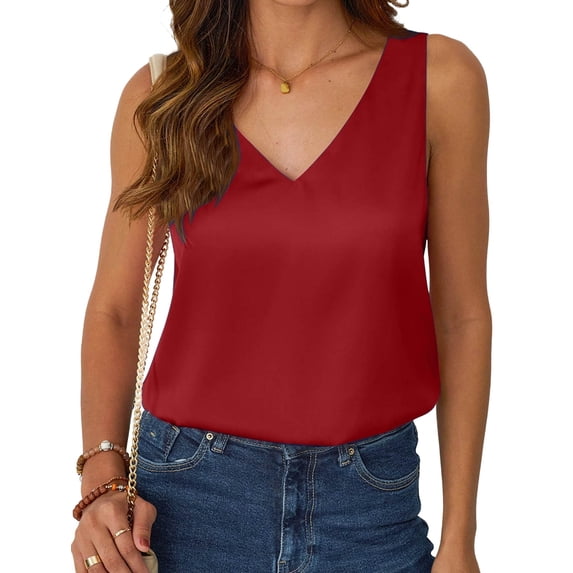 Women Silk Satin Tank Top V Neck Summer Sleeveless Shirt Business Casual Dressy Outfit Vacation Clothes Wine Red M