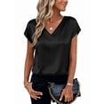 thumbnail image 1 of Women Silk Satin Tops Cap Short Sleeve Blouse V Neck Shirts Business Casual Outfits Black L, 1 of 7