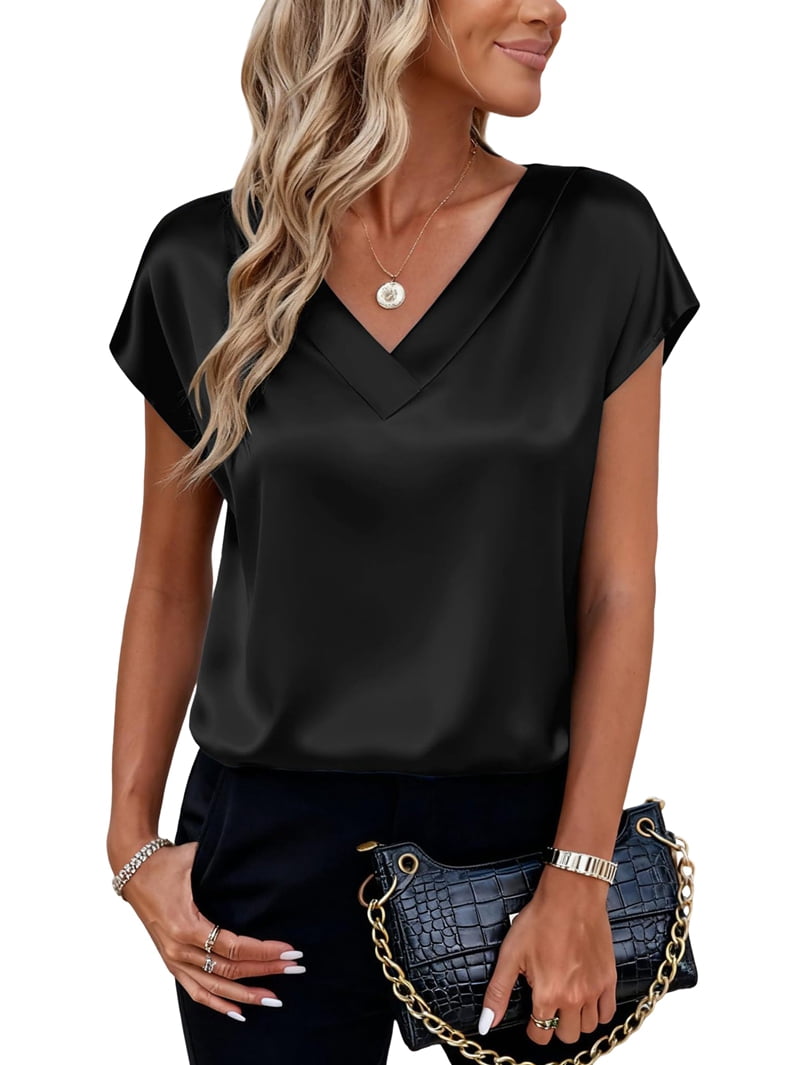 Women Silk Satin Tops Cap Short Sleeve Blouse V Neck Shirts Business ...