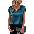 thumbnail image 1 of Women Silk Satin Tops Cap Short Sleeve Blouse V Neck Shirts Business Casual Outfits Blue S, 1 of 7
