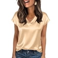 thumbnail image 1 of Women Silk Satin Tops Cap Short Sleeve Blouse V Neck Shirts Solid Color Business Casual Outfits Beige 2XL, 1 of 5