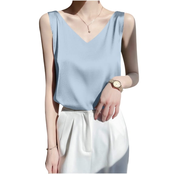 Women Silk Solid Color Tank Tops Basic Ladies V-Neck Camisole Silky Casual Sleeveless Blouse Satin Shirt Light Blue