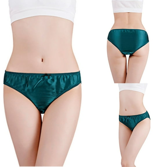 Women Silk Underwear Simple Small Bow Solid Color Briefs Underpants Mid-Waist Lake Blue M（40-52.5kg） YIWEI