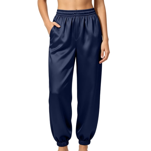 Women Silky Satin Jogger Pajama Pants, Elastic Waist Cuffed Ankle Pocket Loungewear Trousers, Smooth Luxe Sleep Bottoms Navy XXL(XXL)
