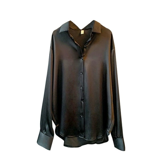 Women Silky Satin Long Sleeve Blouse Lapel V Neck Button Down Loose Solid Shirt
