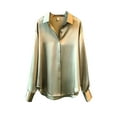 thumbnail image 1 of Women Silky Satin Long Sleeve Blouse Lapel V Neck Button Down Loose Solid Shirt, 1 of 16