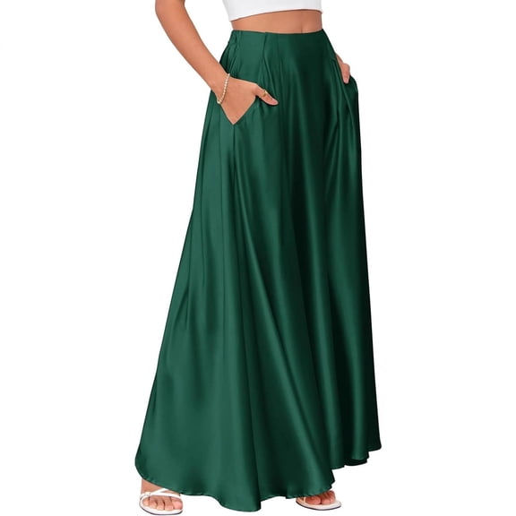 Women Silky Satin Maxi Skirt High Waist Elastic Elegant A Line Long Skirts Wedding Cocktail Party Flowy Skirts with Pockets