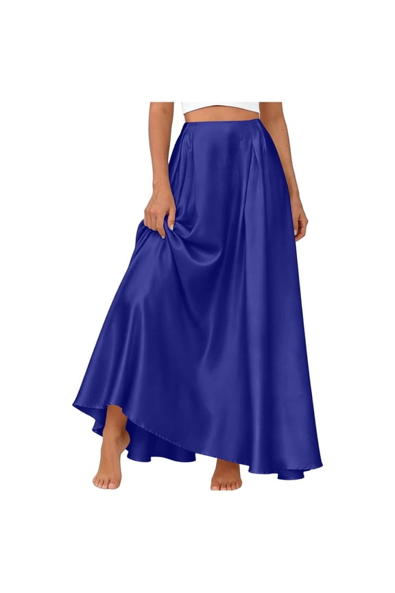 Women Silky Satin Maxi Skirt High Waist Elastic Elegant A Line Long Skirts Wedding Cocktail Party Flowy Skirts with Pockets