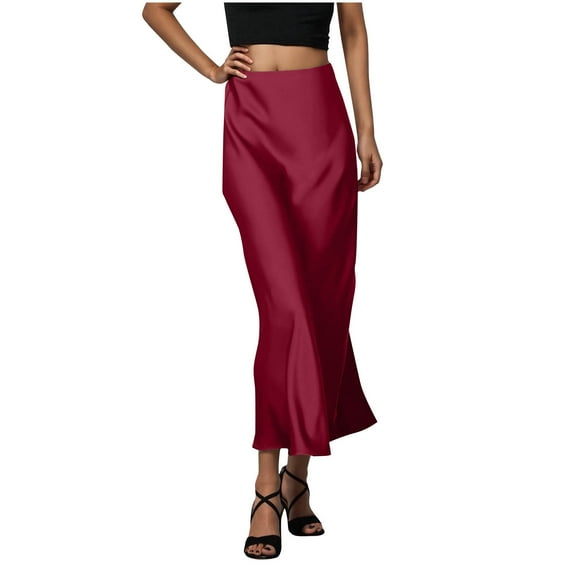 Women Silky Satin Maxi Skirt High Waist Elastic Elegant A Line Midi Skirts for Wedding Cocktail Party Flowy Fall Long Skirts