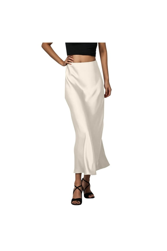 Women Silky Satin Maxi Skirt High Waist Elastic Elegant A Line Midi Skirts for Wedding Cocktail Party Flowy Fall Long Skirts