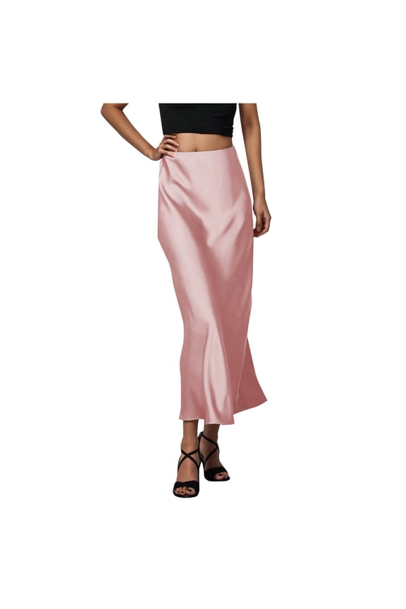 Women Silky Satin Maxi Skirt High Waist Elastic Elegant A Line Midi Skirts for Wedding Cocktail Party Flowy Fall Long Skirts