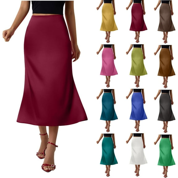Women Silky Satin Skirt High Waist Elastic Elegant A Line Midi Skirts for Wedding Cocktail Party Flowy Fall Skirts