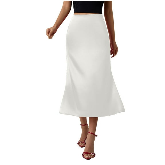 Women Silky Satin Skirt High Waist Elastic Elegant A Line Midi Skirts for Wedding Cocktail Party Flowy Fall Skirts