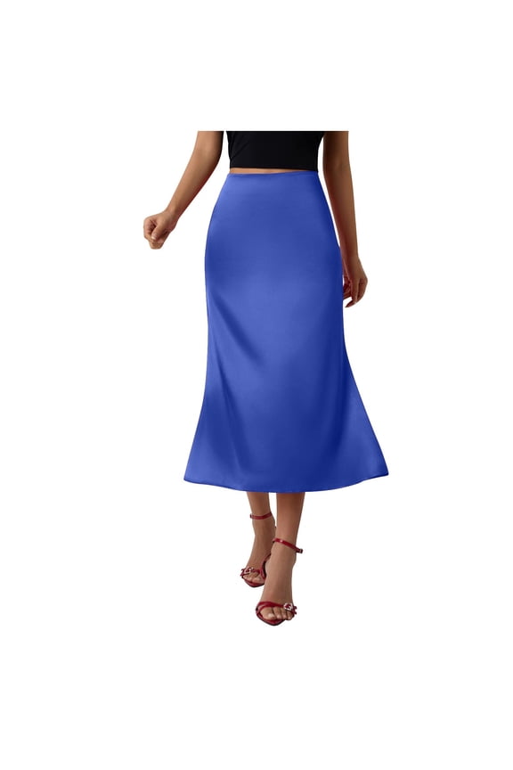Women Silky Satin Skirt High Waist Elastic Elegant A Line Midi Skirts for Wedding Cocktail Party Flowy Fall Skirts