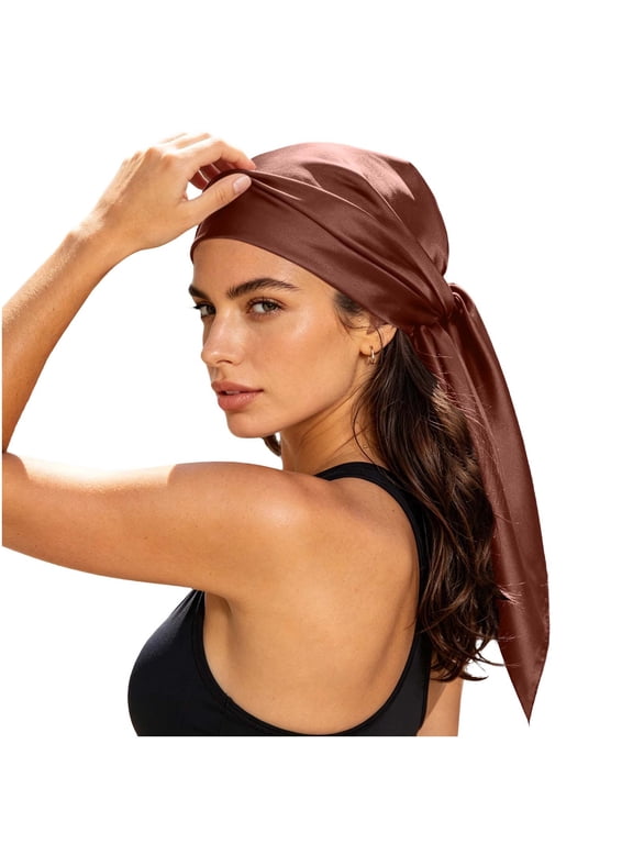 Women Silky Satin Tie Back Head Scarf Solid Color Long Tail Hair Wrap Anti Frizz Sleeping Bandana Silk Like Hair Protection Headscarf for Night Spa Makeup Coffee Free Size