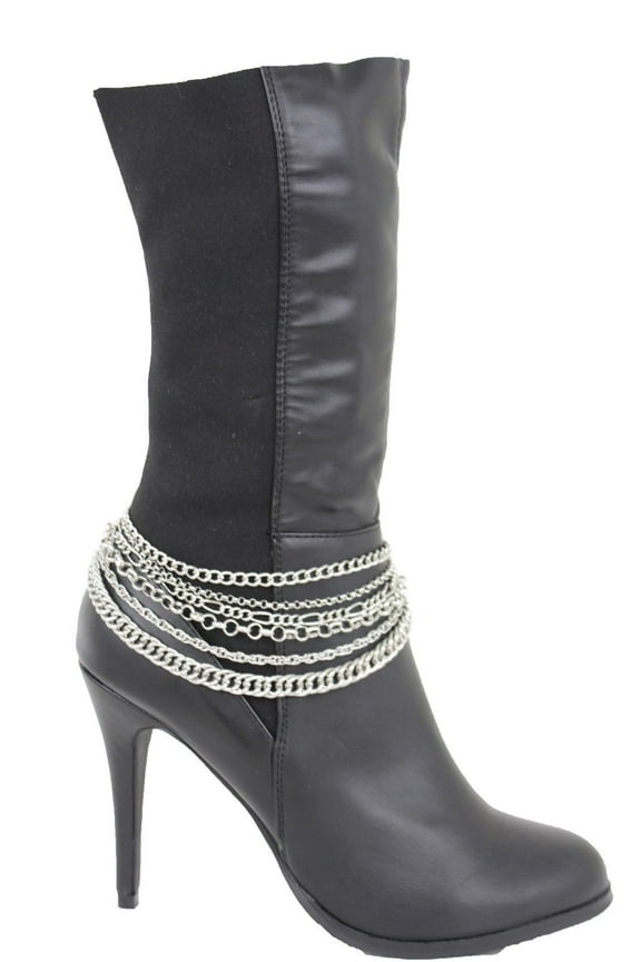 Women Silver Boot Chain Links Shoe Charm Multi Strands Waves Strap Western Style