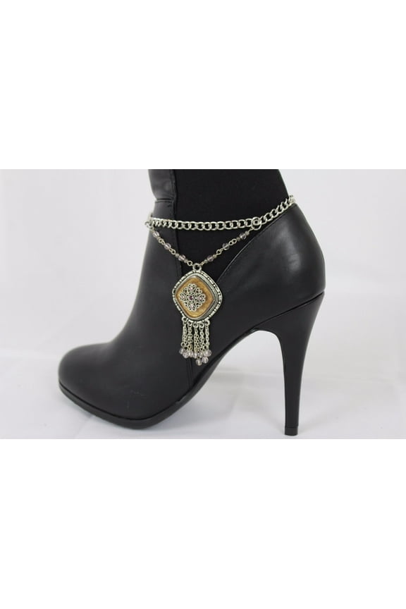 Women Silver Chain Boot Bracelet Anklet Shoe Charm Ethnic Beads Fringes