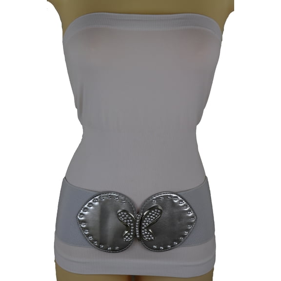 Women Silver Faux Leather Wide Elastic Band Belt Butterfly S M