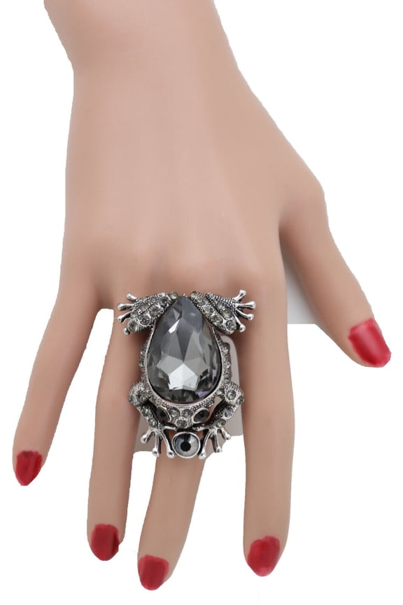 Women Silver Metal Big Frog Ring Fashion Jewelry Elastic Band Unique Appeal Bold
