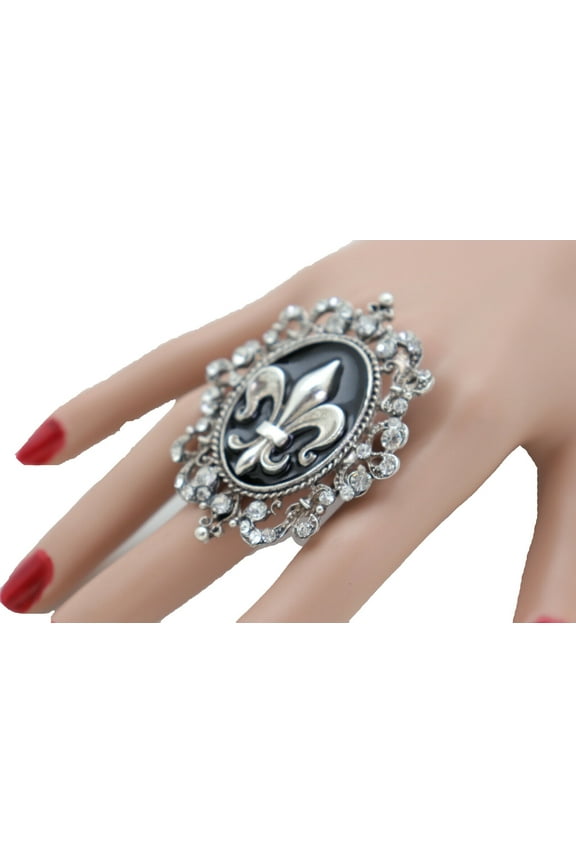 Women Silver Metal Big Ring Filigree Fleur De Lys French Symbol Flower Lily Sign