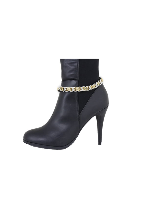 Women Silver Metal Boot Chain Gold Mesh Fabric Beads Shoe Charm Bling