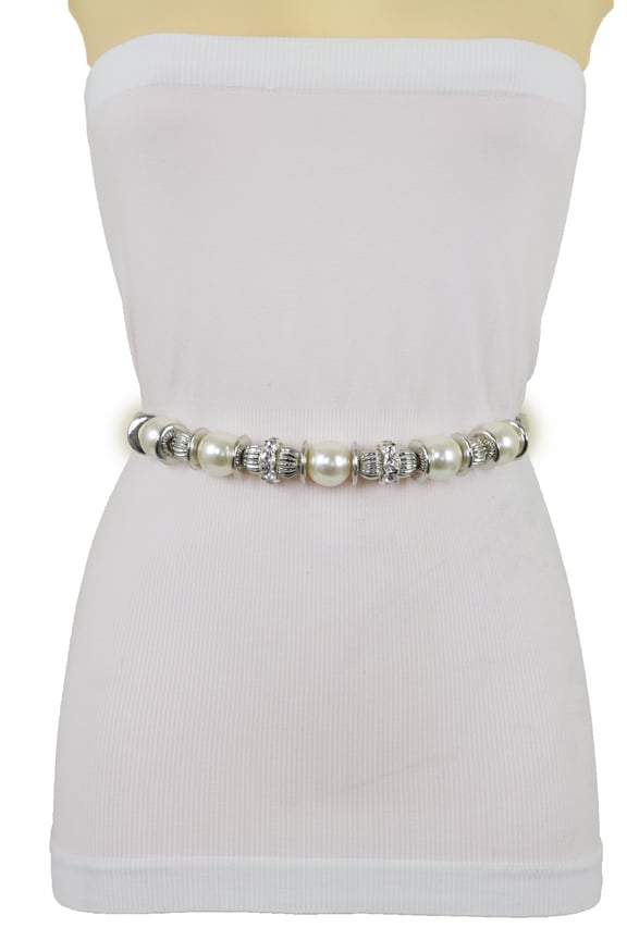 Women Silver Metal Chain Beaded Belt Bling Waistband Size S M L