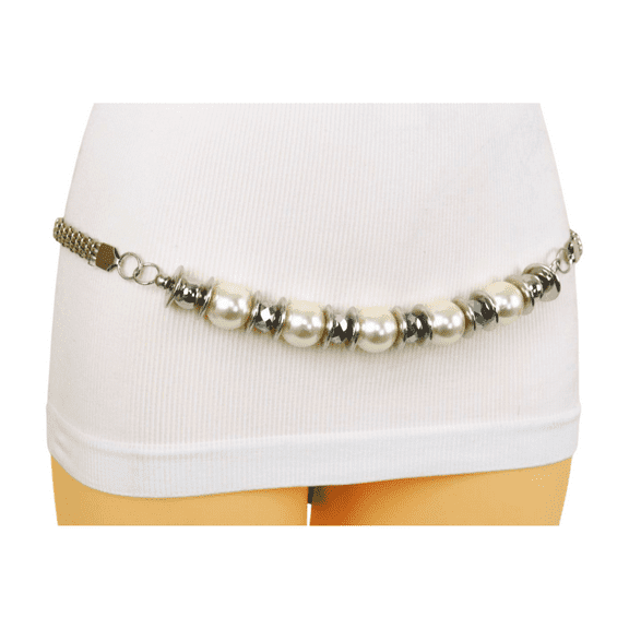 Women Silver Metal Chain Beaded Fashion Belt White Bead S M