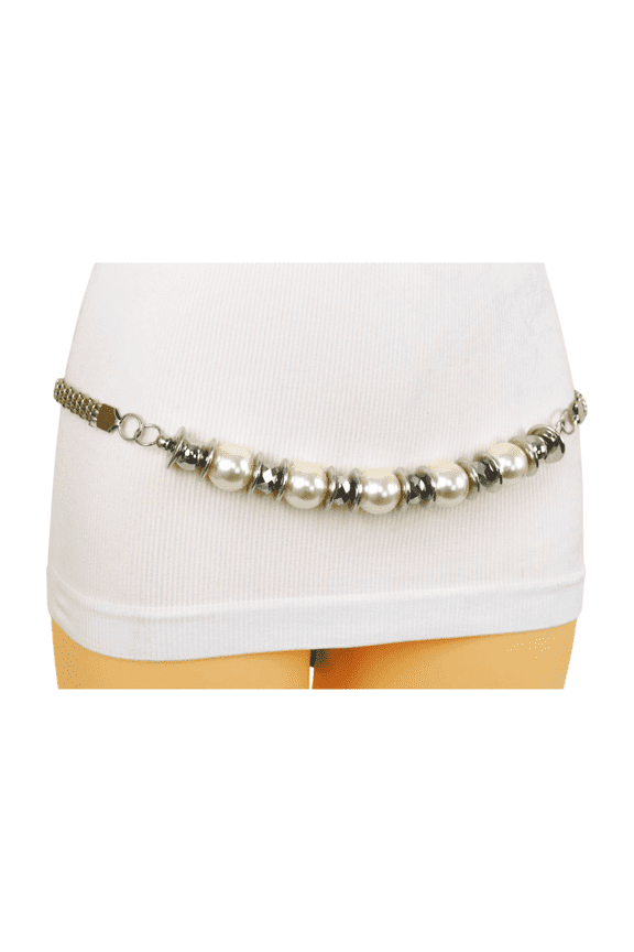 Women Silver Metal Chain Beaded Fashion Belt White Bead S M