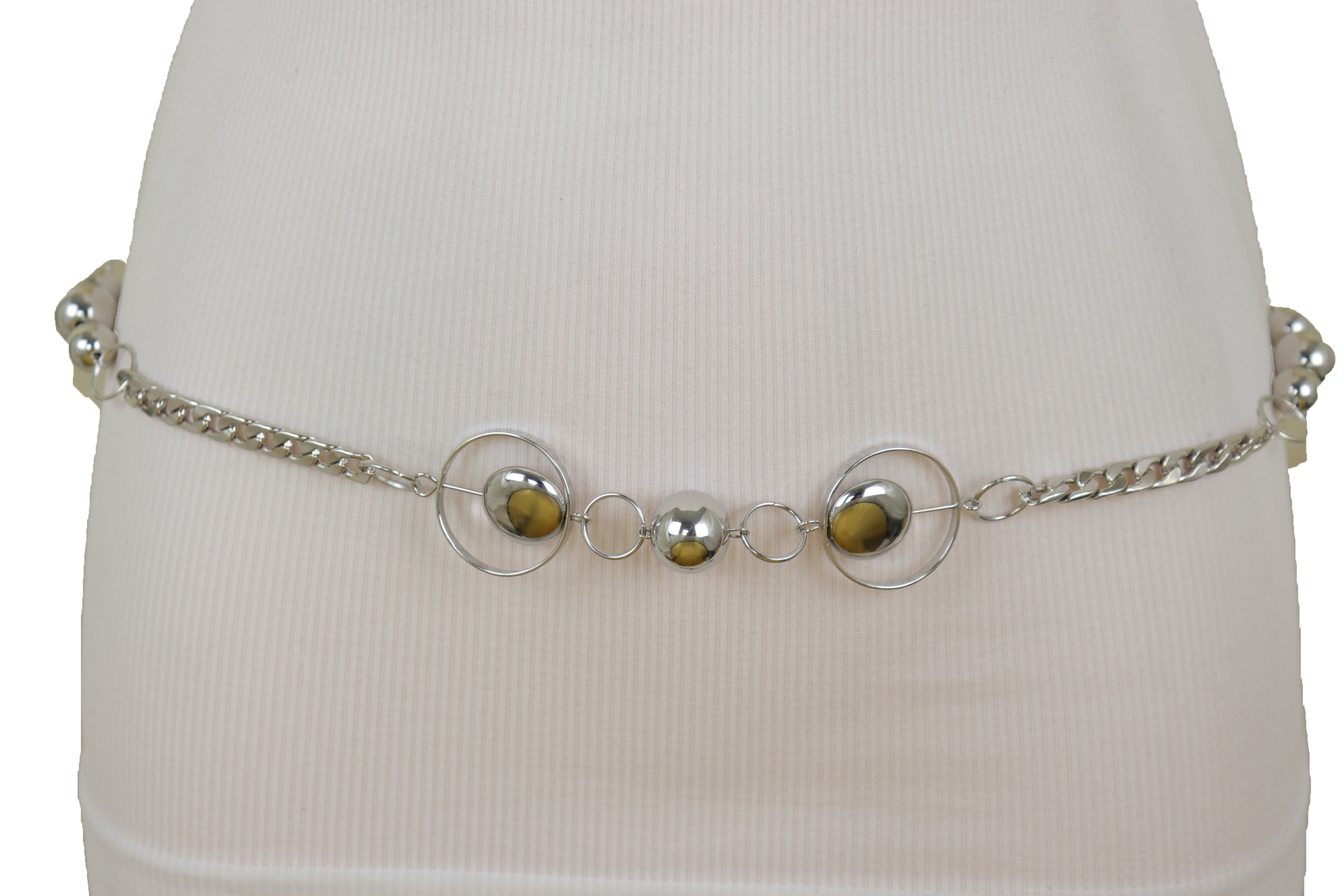 Women Silver Metal Chain Belt Circle Round Charms S M L 