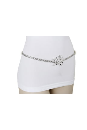 Women Silver Metal Chain Bling Turtle Charm Buckle Fashion Belt XS S M