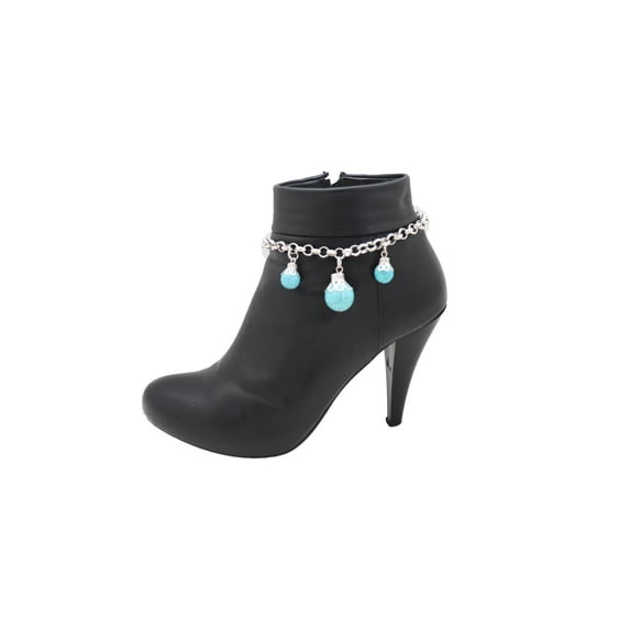 Women Silver Metal Chain Boot Bracelet Shoe Charm Anklet Turquoise Blue Balls