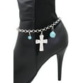 thumbnail image 1 of Women Silver Metal Chain Boot Bracelet Shoe Cross Charm Anklet Turquoise Blue, 1 of 16