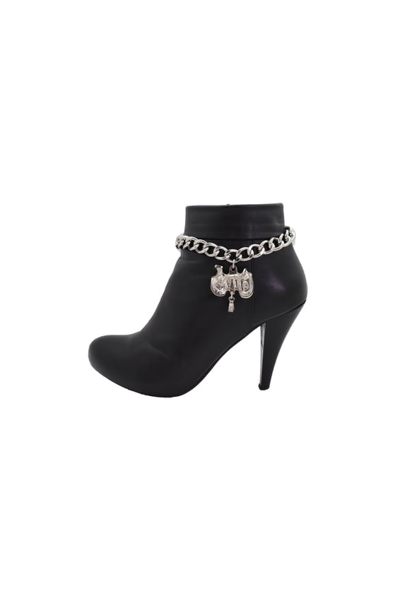 Women Silver Metal Chain Boot Bracelet Western Shoe Horse Saddle Charm