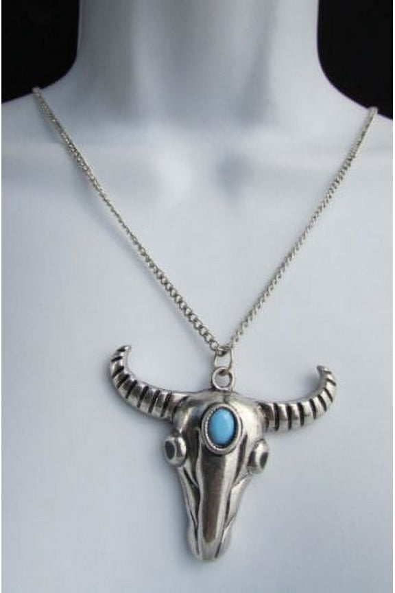 Women Silver Metal Chain Fashion Jewelry Necklace Long Horn Texas Cow Bull Blue