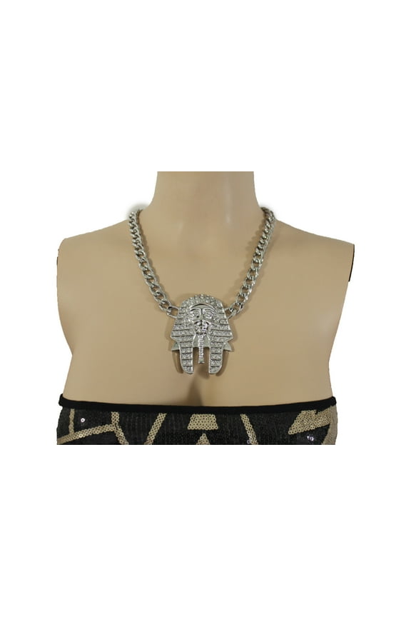 Women Silver Metal Chain Jewelry Long Necklace Egyptian Pharaoh Pendant Charm