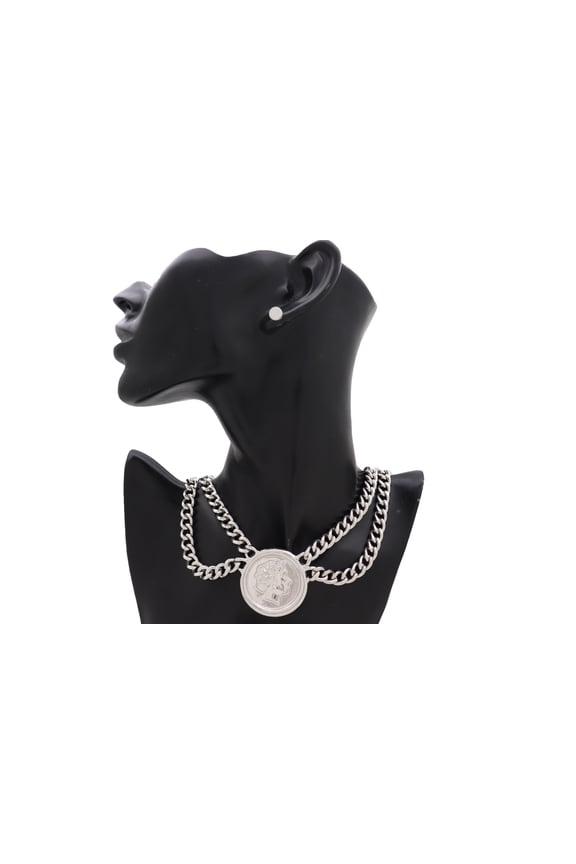 Women Silver Metal Chain Necklace Greek Coin Pendant Jewelry Set