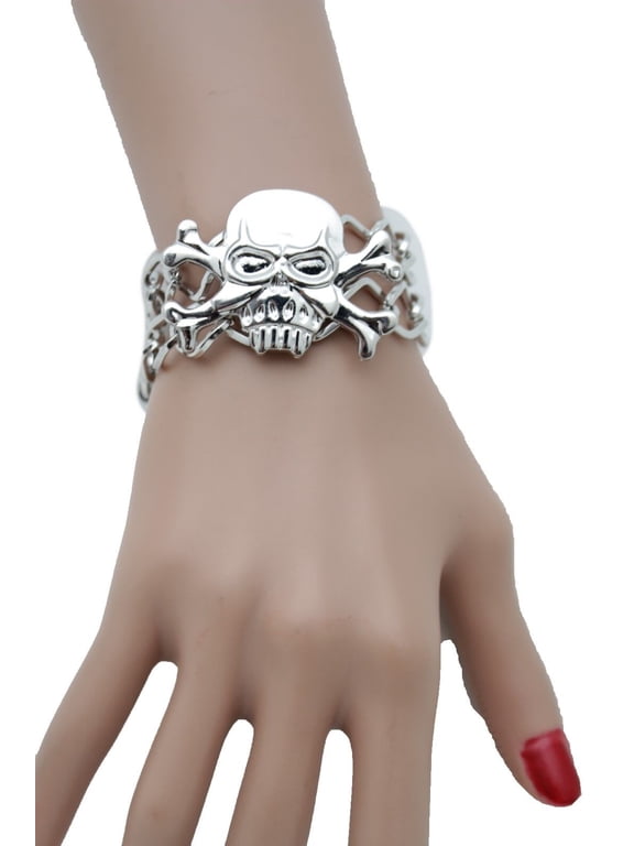 Women Silver Metal Chain Skeleton Skull Charm Pirate Bracelet Fashion Jewelry