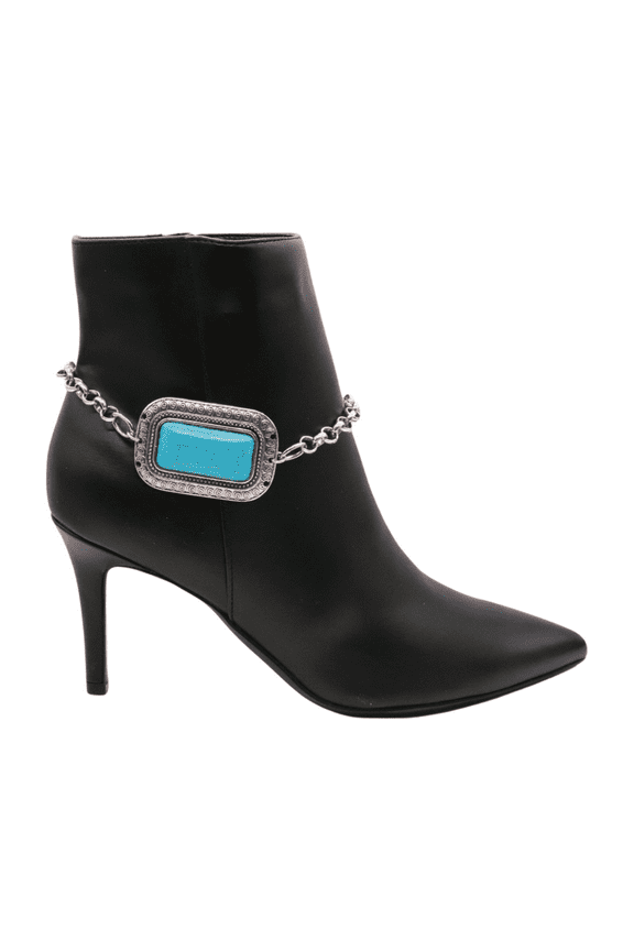 Women Silver Metal Chain Western Boot Bracelet Shoe Turquoise Blue Charm
